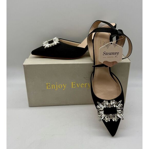 Women's Size 7.5 Black Pointed Toe Rhinestone Slingback Heals Adjustable Strap - Picture 1 of 10